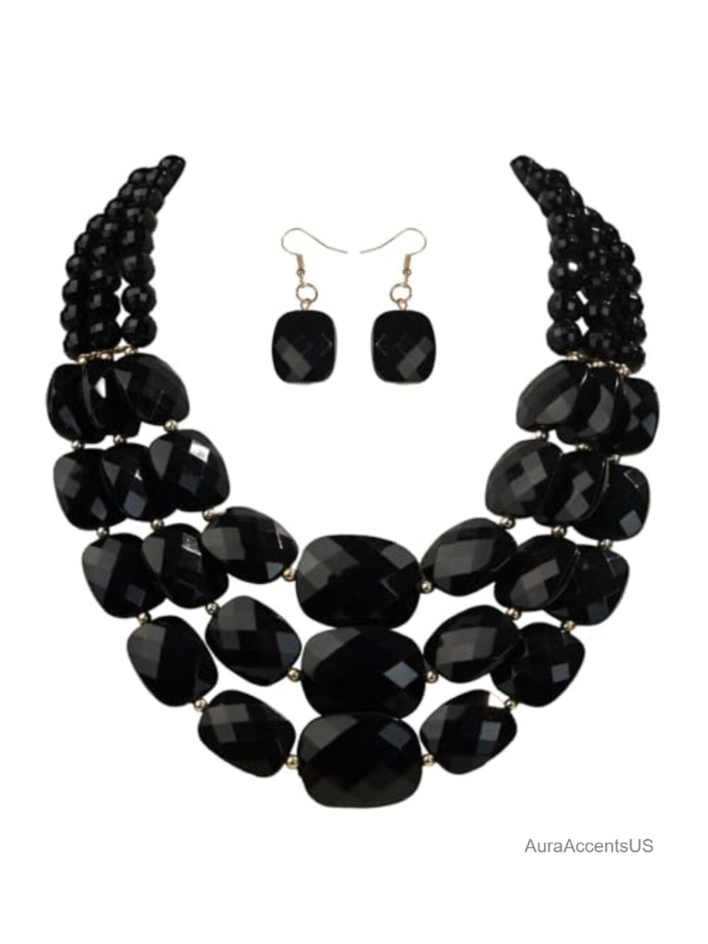3 Layer Beaded Statement Chunky Necklace Earrings Set Acrylic Alloy Women